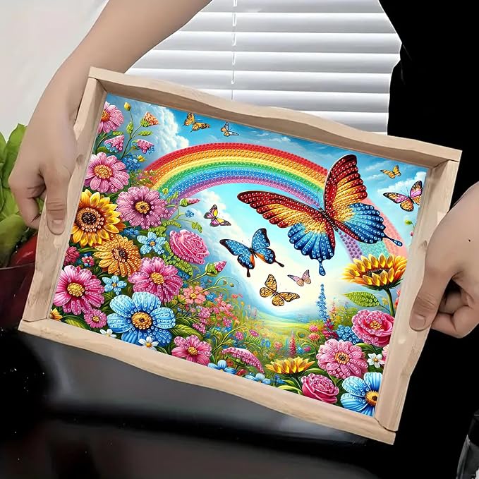 BAYUNOE DIY Diamond Serving Tray Rectangular Breakfast Tray with Handle Handmade Diamond Art Painting Wooden Tray Spring Creative Dinner Plate Coffee Room Living Home Organizer-Rainbow Butterfly Bush
