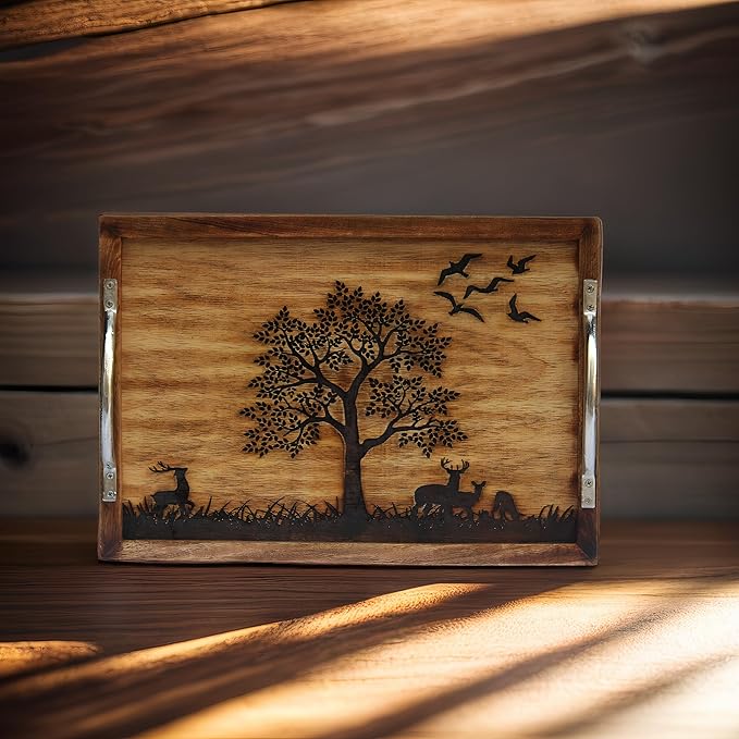 Large Wooden Serving Tray with Nature Scene, Decorative Tree and Wildlife Design, Metal Handles