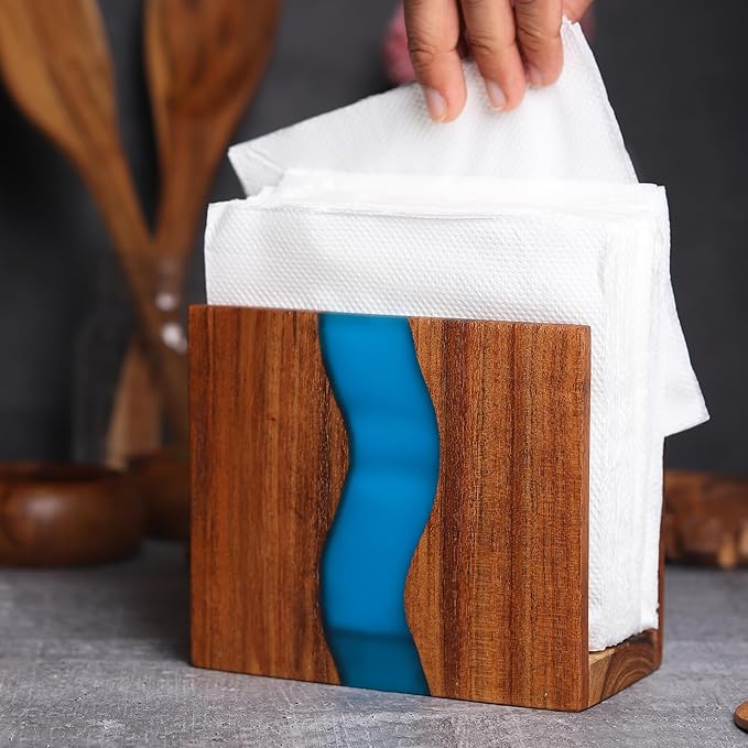 Acacia wood & Transparent Epoxy resin Napkin holder for table, Rustic farmhouse napkin organisation for kitchen, dining, counter tops, restaurant or outdoors | 6x5x2.5 inches| Turquoise