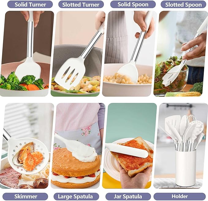 TeamFar Cooking Utensils Set, 14 PCS Silicone Kitchen Utensils with Stainless Steel Handle, Soup Ladle Spatula Spoon Turner for Nonstick Cookware, Healthy & Heatproof, Nonstick & Easy Clean, White