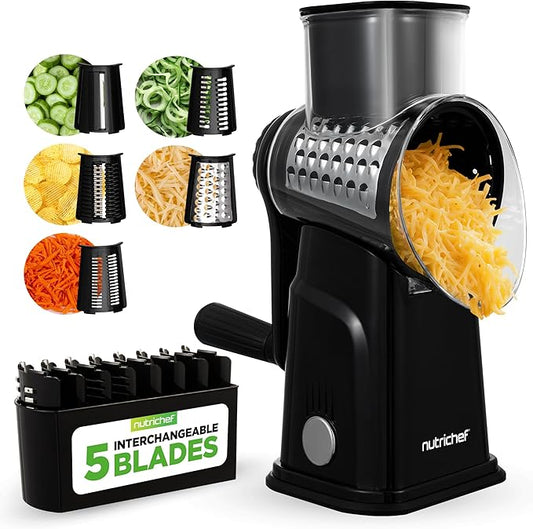 NutriChef 5 in 1 Cheese Grater & Shredder | 5 Different Blades for Thin, Thick, Julienne Strips, Wavy, & Straight Strips | Includes Hand Crank, Strong Suction Base & Storage Container | Black