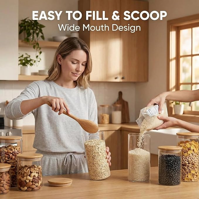 Airtight Glass Storage Containers with Lids Set of 6, 25 /37 /50oz Square Glass Jars with Bamboo Lids, Kitchen Canister Set for Pantry Organization Food Storage for Flour Sugar Rice Pasta Cereal