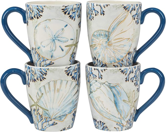 Playa Shells Coastal Ceramic Mugs 18 oz, Set of 4 – Ocean-Themed Coffee Tea Cocoa Cups with Shell & Coral Art – Perfect for Beach House, Nautical Decor, Gifting, Everyday Use, or Hot Beverages