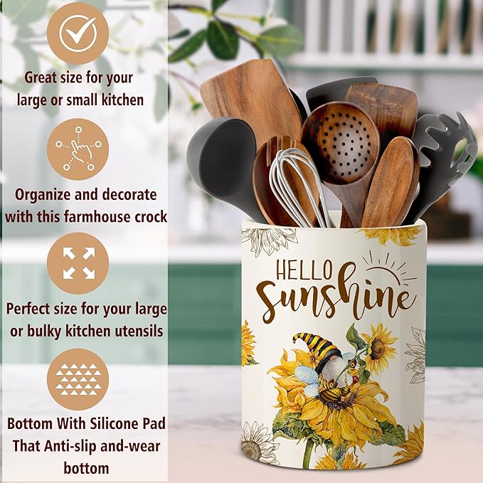 pinata Sunflower Kitchen Decor Ceramic Utensil Holder, Cute Utensil Crock, Sunflower Kitchen Utensils for Farmhouse Indoor Gnomes Decorations for Home (6.3inch)