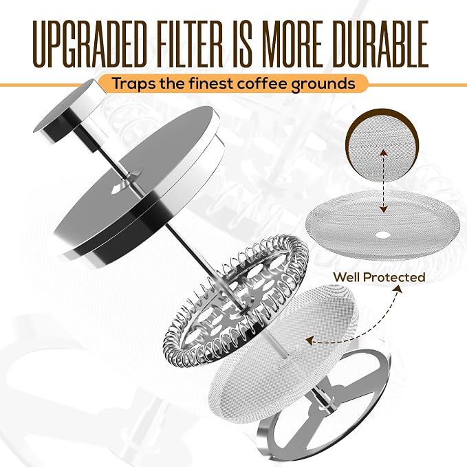 Utopia Kitchen 304 Grade Stainless Steel French Press 12 Oz, Silver | Double Wall Insulated Coffee Press with 4-Level Filtration System, Include 2 Extra Filters, Rust-Free, Dishwasher Safe