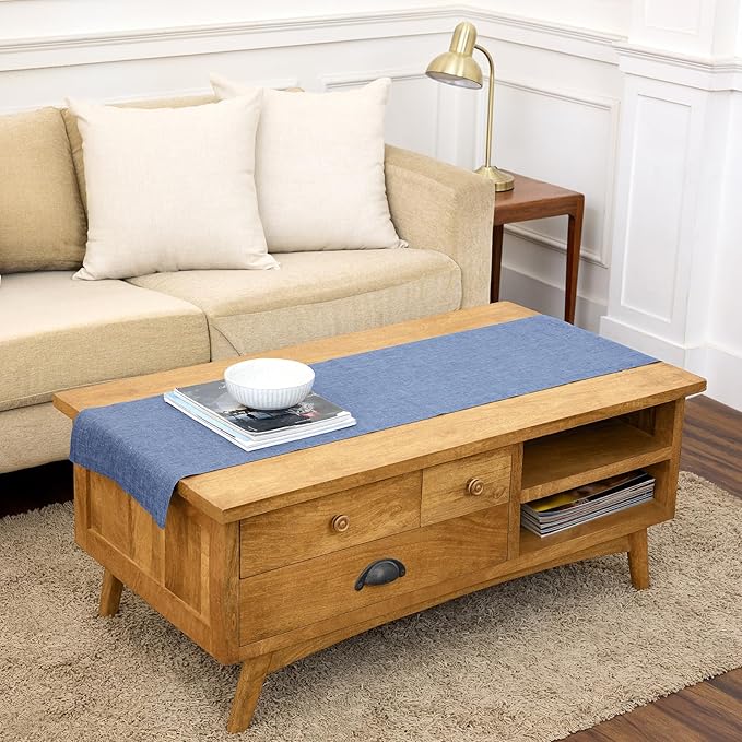 Solino Home Linen Table Runner 60 Inches - 100% Pure Linen Blue Denim Table Runner 14 x 60 Inch Ideal for Dresser and Coffee Tables - Athena, Spring, Summer