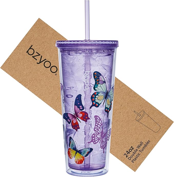 bzyoo SIP 24oz (710ml) Double Wall Plastic Tumbler with Lid and Straw Cold Drink Travel Mug Reusable Party Cup Perfect for Ice Coffee, Tea Office Poolside Parties Gifts Color: Butterfly Purple