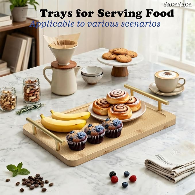 Serving Tray Small Size, 12"x7.5"x1.75" Bamboo Serving Trays with Metal Handles, Small Tray for Ottoman Coffee Table, Home Decor