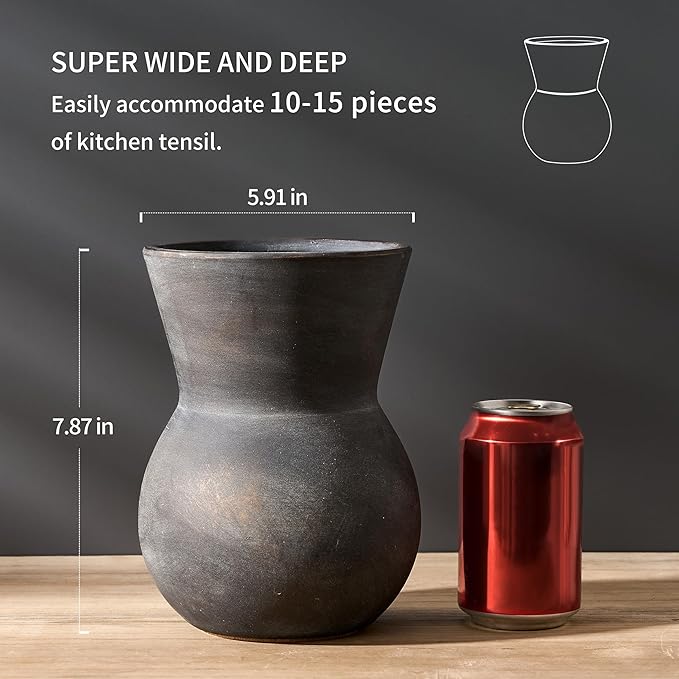 JIEMEI HOME Ceramic Kitchen Utensil Holder, 7.87" Large Rustic Utensil Crock for Countertop, Farmhouse Cooking Tool Organizer, Spatula Holder For Kitchen Decor, Black Bronze