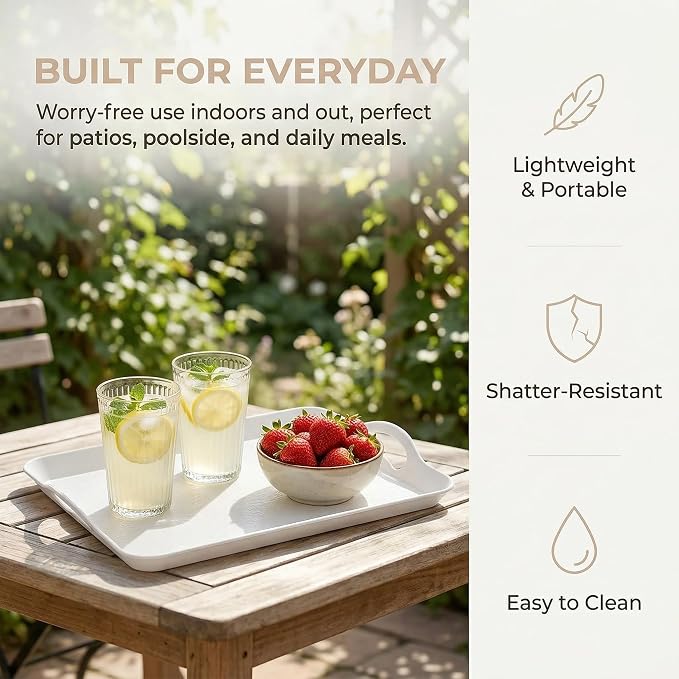 Cedilis 3 Pack Serving Trays with Handles, 16 x 11IN Food Serving Tray, Rectangular Plastic Stackable Tray for Restaurant, Parties, Coffee Table, Kitchen (White)