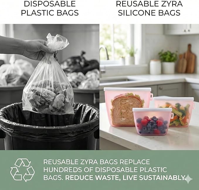 Zyra Reusable Silicone Food Storage Bag Set – 3 Sizes (500ml, 1000ml, 1500ml) – Leakproof, Foldable, Microwave & Freezer Safe, BPA-Free, Dishwasher Safe, Eco-Friendly Meal Prep. (Water Pink)