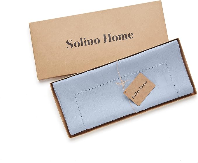 Solino Home Linen Sky Blue Table Runner 132 Inches Long - 100% Pure Linen Extra Long Table Runner 14 x 132 Inch for Summer - Classic Hemstitch