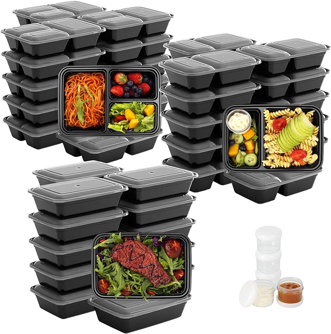 LISI 100-Piece Meal Prep Containers, 33oz Large Food Storage Containers with lids with 1, 2, 3-Compartment, Freezer Safe To-Go/Take-Out Boxes, Includes 5-Pack 2oz Dressing Cups for Take Out
