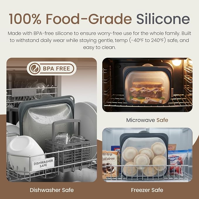 Session Goods 100% Reusable Silicone Food Storage Bags, Pack of 2 (Charcoal), Hygienic Ziplock Silicone Bags for Food Storage for Leftovers, Leak Resistant Freezer Bags, BPA Free, Sandwich Bags