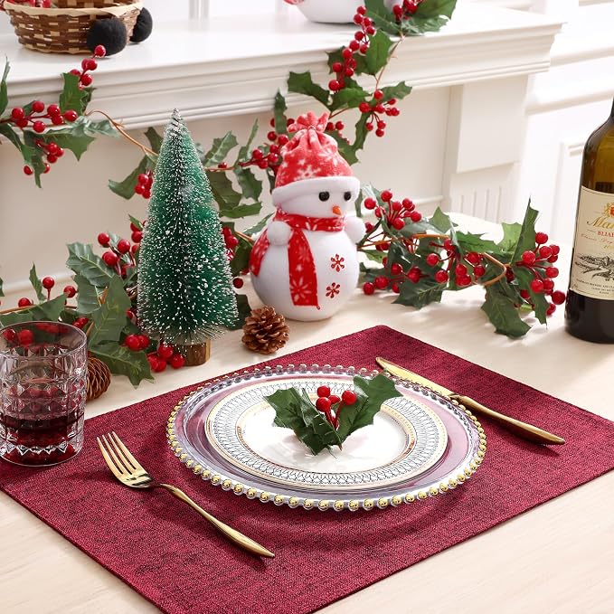 homing Faux Cotton Linen Placemats Set of 6, Cloth Washable Farmhouse Dining Table Mats for Indoors & Outdoors, Easy to Clean, Red, 13 x 19 Inch
