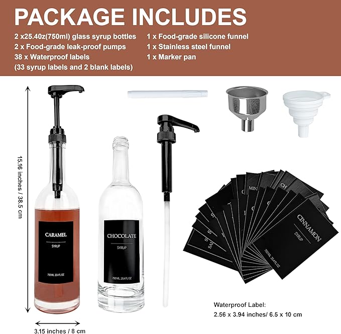 HCYWOC Coffee Syrup Dispenser, 25.4oz 750ml Glass Syrup Bottles, 2 Pack Syrup Dispenser for Coffee Bar With Large Leakproof Syrup Pump, 38 Labels