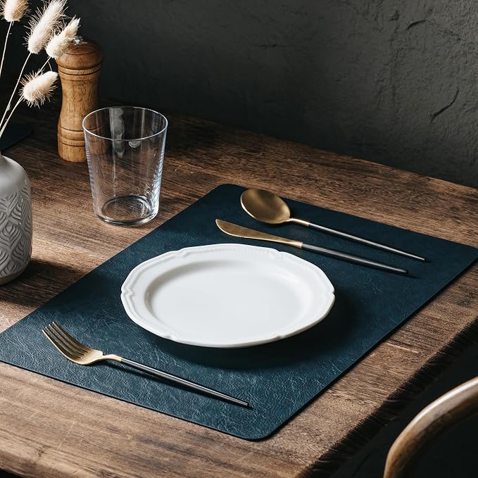 Placemats Set of 8, DOLOPL Reversible Dual-Color Faux Leather Place Mats 17"x11.8"– Waterproof, Heat Resistant, Washable & Wipeable, Luxury Retro Style for Kitchen, Dining Table (Camel/Navy Blue)