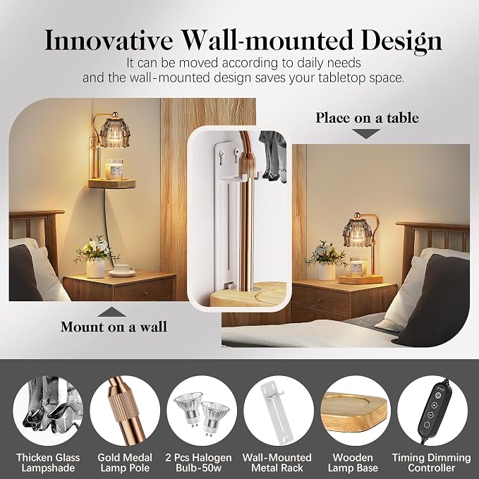 Candle Warmer Lamp with Timer Dimmer, Modern Wax Warmer for Scented Wax Jar Candle Warmer with 2 Bulbs, Adjustable Height Glass Lamp for Gifts for Women, House Warming Gifts, Home Decor, Gold Grey