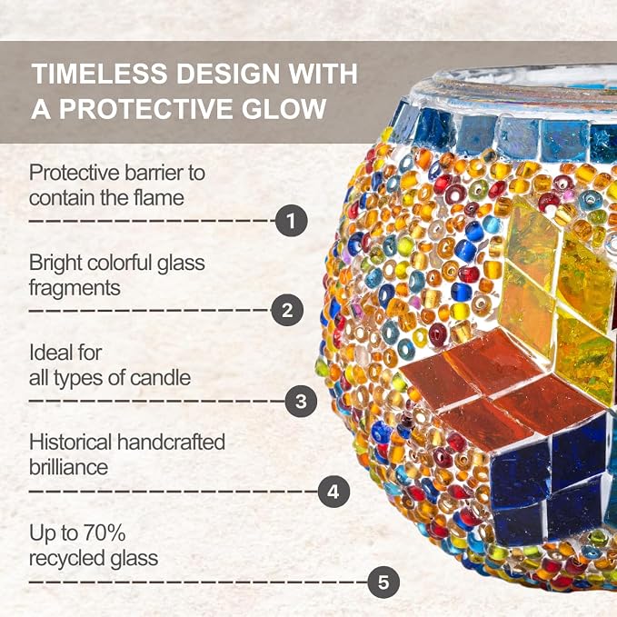 KAFTHAN Mosaic Glass Large Single Candle Holder - Round Bowl, Plant Pot, Votive Candle Holder - Decorative Vase & Unique Table Centerpiece for Wedding, Ball & Home - (3.7" x 3.5", Multicolor Star)