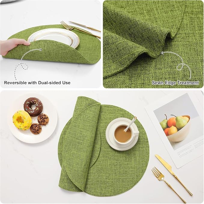 homing 15 Inch Round Cloth Placemats Set of 12, Cotton Linen Blend Washable Table Mats, Farmhouse Dining Place Mats for Indoors & Outdoors, Easy to Clean, Grass Green