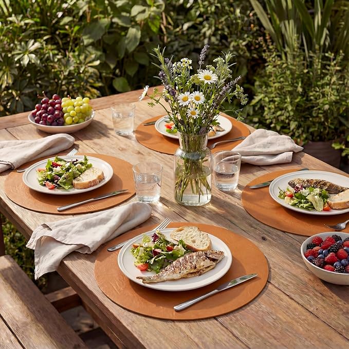 Artoid Mode Rust Faux Leather Placemats Set of 6, 15 Inch Waterproof Wipeable Heat Resistant Vinyl Place Mats, Reversible Table Mats for Fall Kitchen Dining Decor