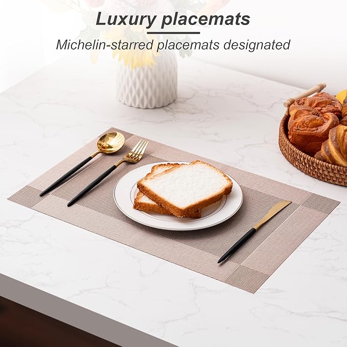 CADONO Placemats Set of 6 Washable Indoor/Outdoor Vinyl Place Mats for Dining Table Durable Non-Slip Heat Resistant PVC Weave Table Mats（Four-Corner-Khaki）