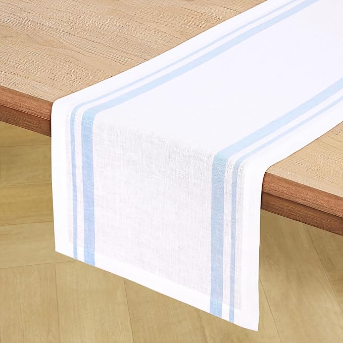 Solino Home Linen Table Runner 90 Inches Long - French Stripe, 100% Pure Linen Dusty Blue and White Farmhouse Table Runner 14 x 90 Inch Ideal for Dining, Spring, Summer