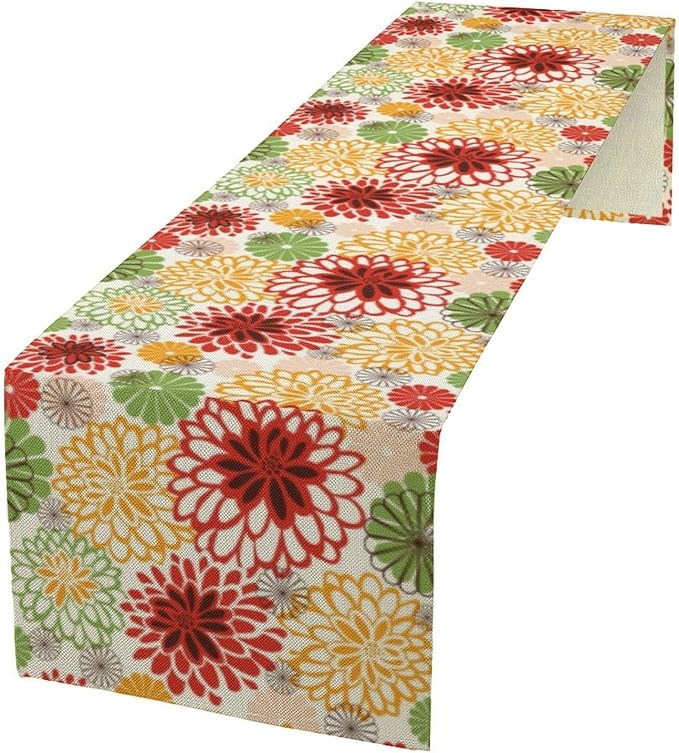 Dahlia Table Runner,Rustic Farmhouse Red Green Floral Modern Art Table Runner for Home Indoor Outdoor Kitchen Holiday Birthday Party Wedding Decor 13x36 Inch