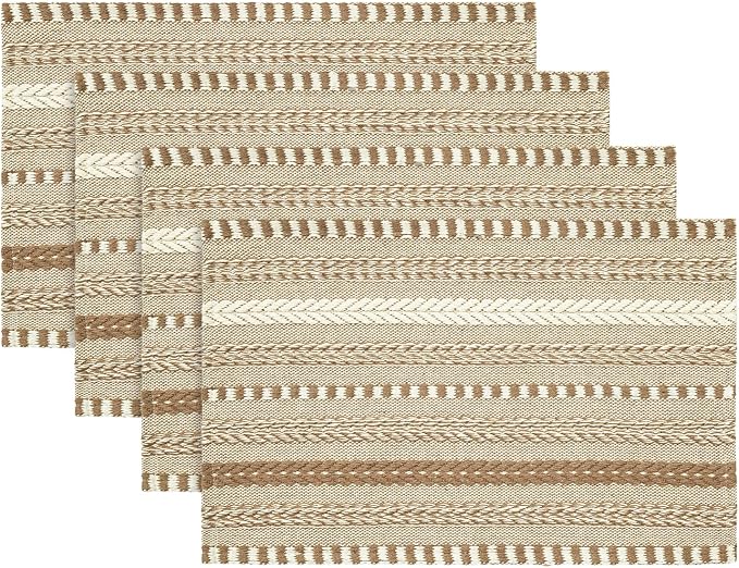 Artoid Mode Light Coffee Farmhouse Woven Braided Stripe Placemats Set of 4,12x18 Inch Seasonal Holiday Table Mats Party Kitchen Dining Decoration