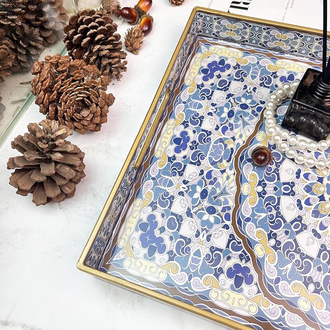Blue Decorative Tray, Serving Tray with Handles, Plastic Large Tray for Coffee Table, Living Room, Decor, 15.7”*11.8”*1.6"