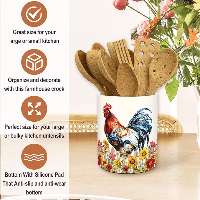 JarThenaAMCS Vintage Rooster Sunflower Ceramic Utensil Holder Rooster Floral Utensil Crock for Farmhouse Home Kitchen Countertop Storage Organizer Container
