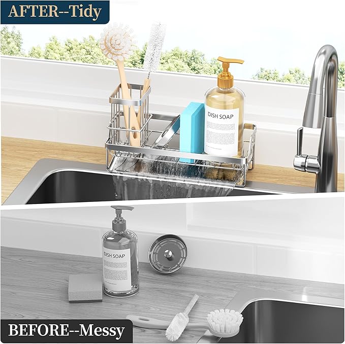 Consumest Sponge Holder for Kitchen Sink - Sink Caddy with Stainless Steel Self Drain Tray, Sink Organizer with High Brush Holder Countertop for Kitchen Sink Accessories, Silver