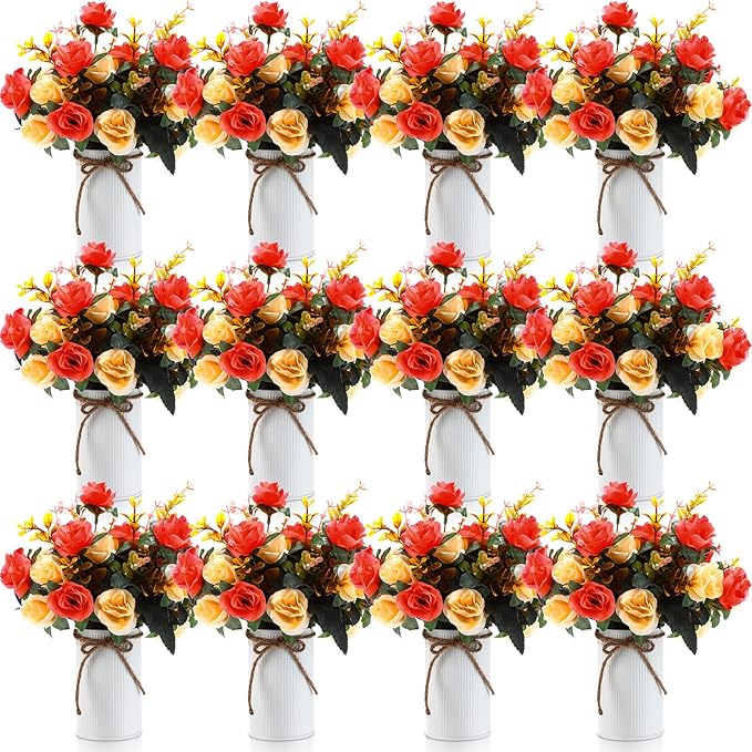 Domensi 12 Sets Wedding Centerpiece for Table Artificial Rose with Vase Fake Bouquets and Metal Pot Flower Arrangements for Bridal Shower Birthday Party Event Table Decor (Orange)