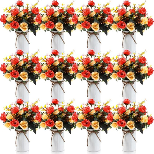 Domensi 12 Sets Wedding Centerpiece for Table Artificial Rose with Vase Fake Bouquets and Metal Pot Flower Arrangements for Bridal Shower Birthday Party Event Table Decor (Orange)