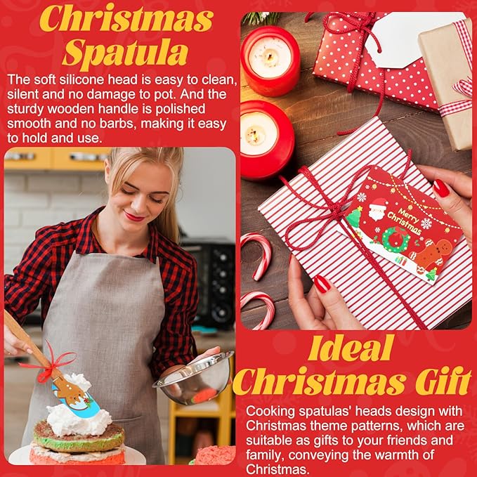 Newtay 5 Sets Christmas Silicone Spatula Cake Spatula Bulk Cooking Scraper with Wooden Handle Xmas Greeting Card Ribbon for Christmas Decoration Holiday Gifts Kitchen Party Favors (Cute Style)