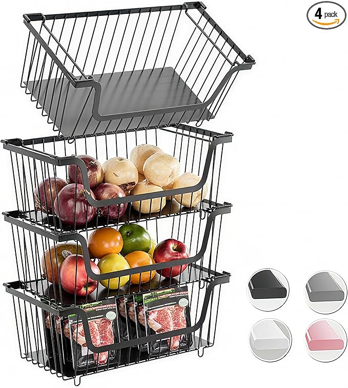GAOKASE 4 Pcs Stackable Wire Baskets for Pantry Organizers and Storage,Vegetable Fruit Basket for Countertop,Kitchen Storage Metal Baskets,Produce Potato Onion Storage Bin,Black