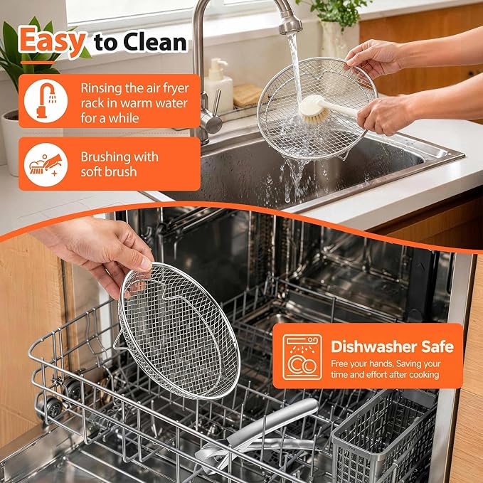 P&P CHEF 7.9 Inch Round Air Fryer Rack Basket Set, 3Pcs Stackable Stainless Steel Air Fryer Baskets Accessories for Roasting, With Anti-scalding Clip & Silicon Feet, Oven & Dishwasher Safe