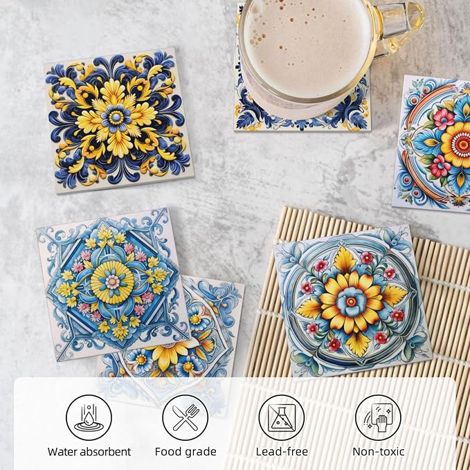 Coaster for Drinks Set of 6, Blue Vintage Spanish Ceramic Floral Absorbent Round Ceramic Stone Mat, with Cork Base and Metal Holder, Gift for Housewarming Room Bar Decor (Ornate Mosaic Tile-5)