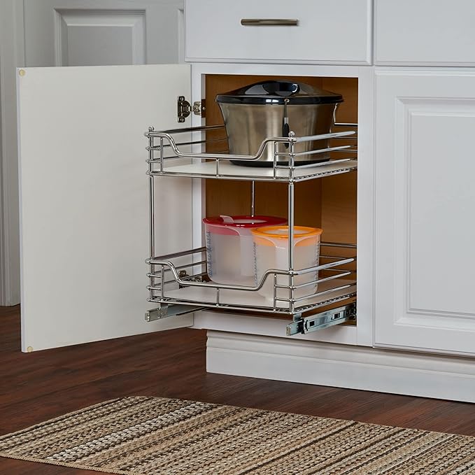 Household Essentials Glidez Chrome-Plated Steel Pull-Out/Slide-Out Storage Organizer with Plastic Liners for Under Cabinet Use - 2-Tier Design - Fits Standard Size Cabinet or Shelf, Chrome