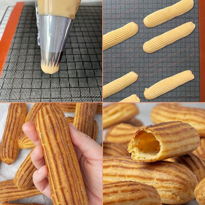 Perforated Silicone Baking Mats, 2 PCS Eclair Silicone Mat for Half Sheet with 12 Printed Oblong Eclair Guides, Non-Stick Reusable Oven Liners for Making Bread/Pizza/Pastry/Cookie 11-4/5" x 15-3/4"