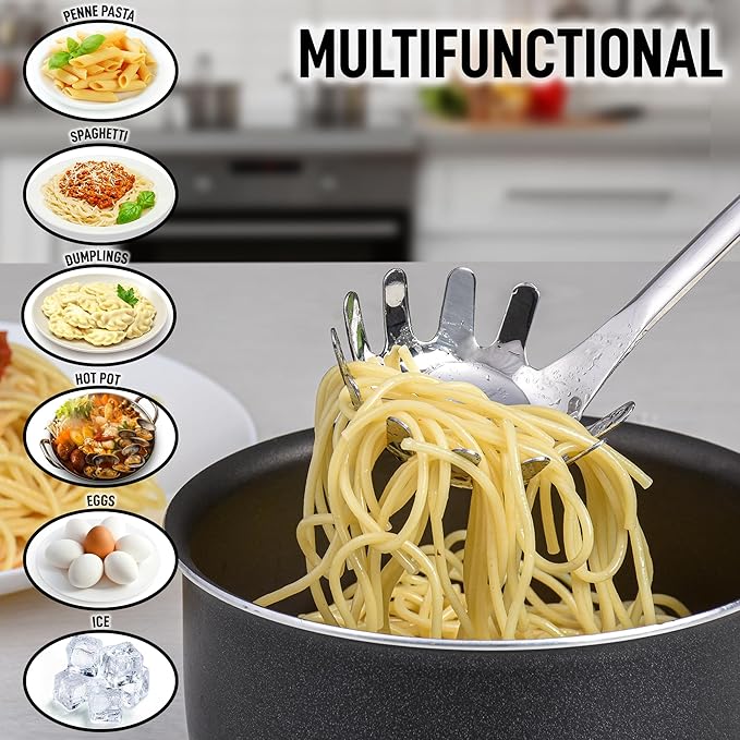 Zulay Kitchen Stainless Steel Pasta Spoon - 12” Spaghetti Server with Teeth & Draining Holes - Rust-Resistant Pasta Fork for Noodles & Pasta - Dishwasher Safe Utensil for Everyday Use