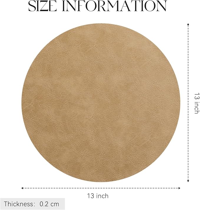 MOSAYT 13 Inch Round Vinyl Placemats Set of 6 - Faux Leather 100% Waterproof Oil-Proof Wipeable PU Place Mats, Heat Resistant Reversible Table Mats for Kitchen, Dining, Outdoor, Camel