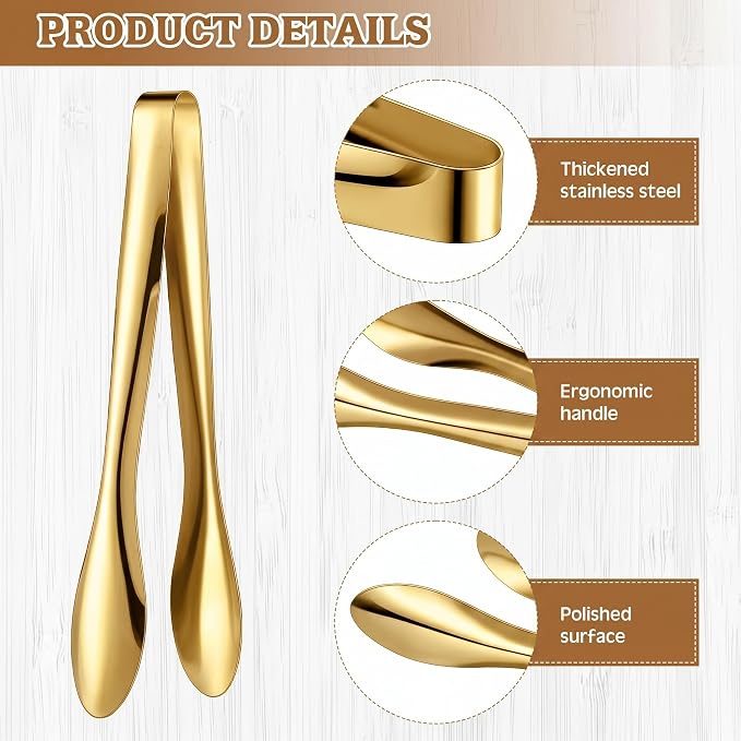 2 Pack Polished Stainless Steel Serving Tongs 9 Inch Metal Food Gold Tong for Buffet Salad BBQ Grilling Heavy Duty Kitchen Utensils for Cooking Catering Wedding Party