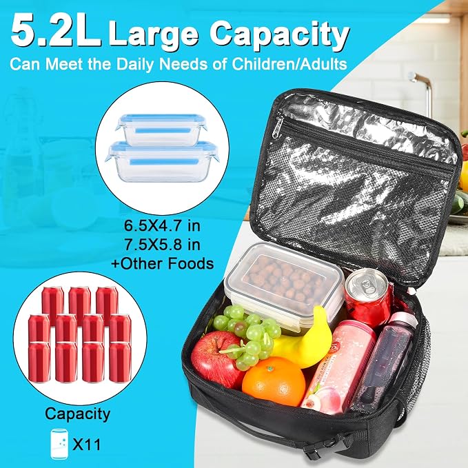 VZZNN 12 Pack Lunch Box Lunch Bags, Insulated Reusable Tote for Adults Men & Women - Leakproof Cooler Bag for Work, Office, Picnic & Travel (Black)