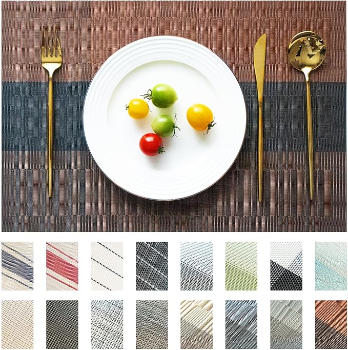 Placemats Set of 4 Vinyl/Plastic Woven Place Mats for Kitchen Table Indoor/Outdoor Washable Placemat Wipeable Dining Table Mats (Ombre Brown Black,4)