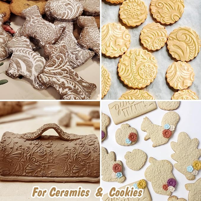 Embossed Rolling Pin for Baking Cookies Embossing Rolling Pins with Design Wooden Engraved Springerle Roller Pin Dough Animal Patterned Clay Pottery Ceramic Stamp Gifts Bakers Women (Cat & Heart)