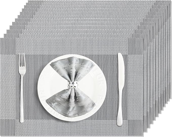 Placemats Set of 12 Washable&Wipeable Silver Place mats for Dining Table Kitchen Indoor Outdoor Table Mats Heat Resistant Non Slip Woven Vinyl Table Placemats (Grey，12PCS)