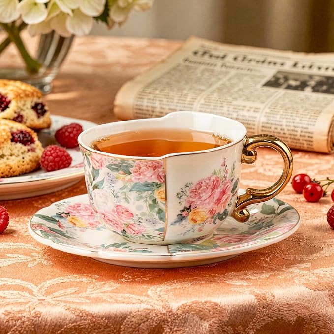 KAMMAK Tea Cups and Saucers Set of 2, Fine Bone China Coffee Cups, 8.45-Ounce Stackable Espresso Mugs, Ceramic Demitasse for Coffee, Cappuccino, Latte, Americano, Tea, Peony + Parrot