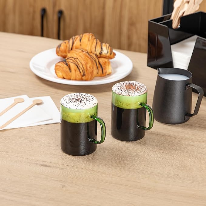 Restaurantware Glass Coffee Mug 2 Count 7 Oz Borosilicate Tea Cup with Ergonomic Handle, Dishwasher-Safe Green Thermal Resistant Mug for Hot and Cold Drinks