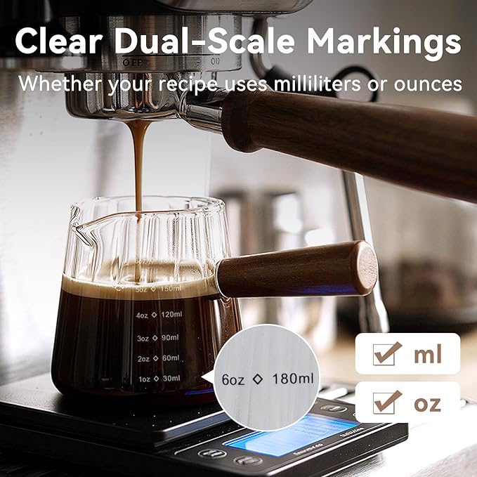 Glass Measuring Cup 6OZ, Espresso Accessories, Expresso Shots Cup, Espresso Shot Glass with V-Shaped Mouth, Ribbed Milk Frothing Pitcher, coffee Espresso Cup(Wooden Handle)